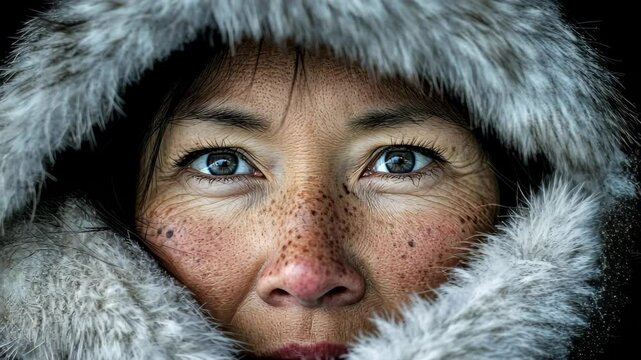 Captivating portrait of an Inuit woman adorned in traditional sun ruff clothing, showcasing her mesmerizing black hair.