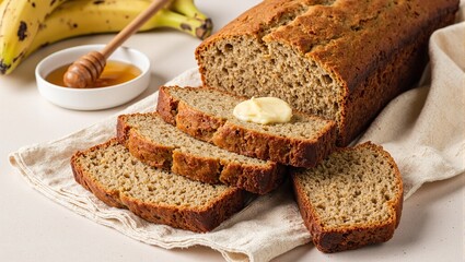 Delicious banana bread slices with melting butter ripe bananas and honey on beige cloth