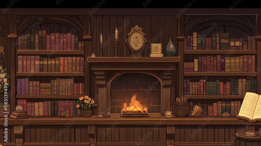 Poster cozy library with a warm fireplace and shelves of colorful books, offering a tranquil atmosphere for