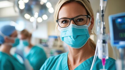 Surgical nurse skillfully administering medication in a busy operating room