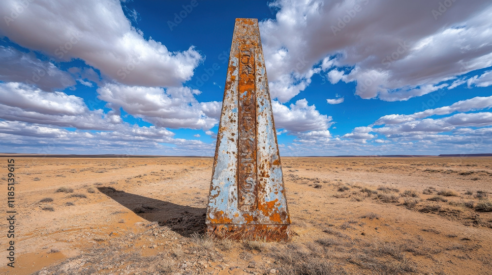 Poster truncated, a solitary truncated obelisk stands in a desolate landscape, capturing a striking visual 