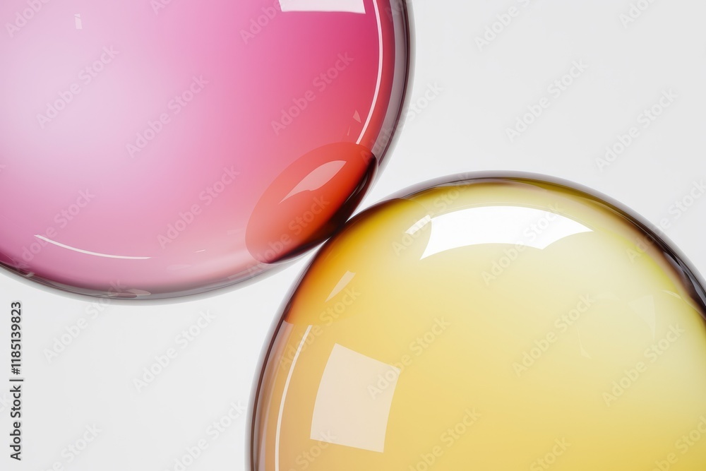 Poster two translucent spheres, one pink and one yellow, overlap gently, creating an abstract, colorful com