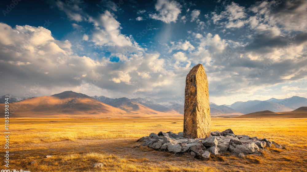 Poster truncated, a solitary truncated obelisk in a desolate landscape, captured in a striking image that e