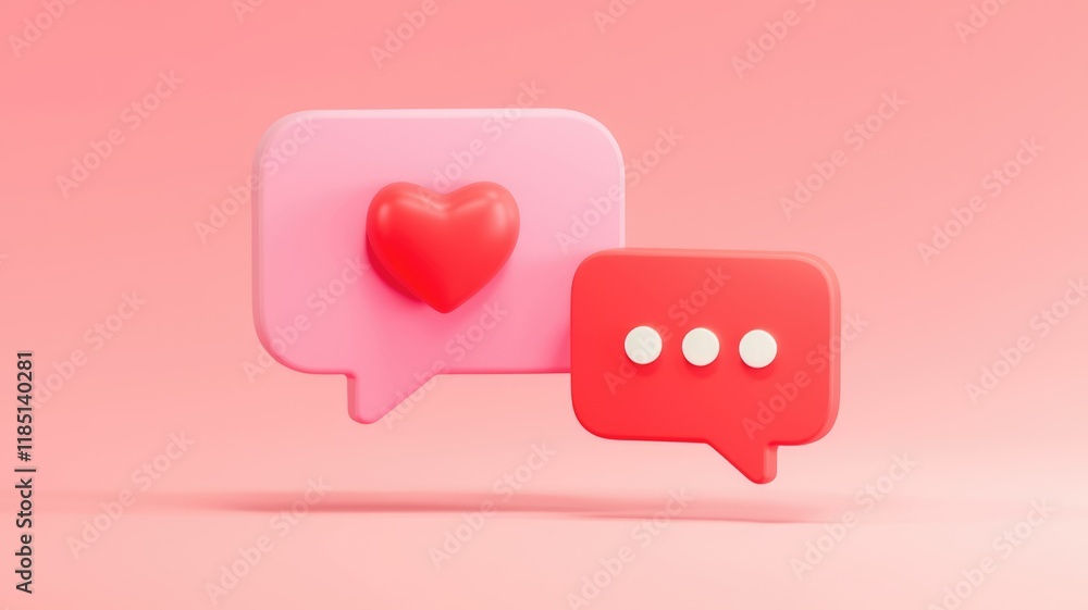 Poster pink and red 3d speech bubbles with a heart; representing love, messaging, and communication.