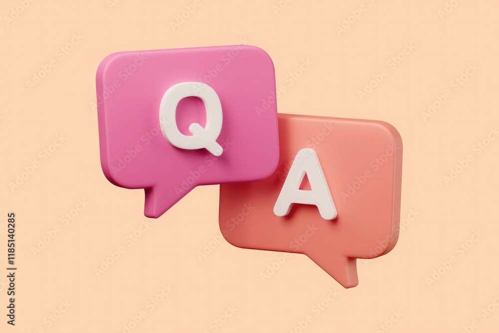 Poster 3D rendered Q&A speech bubbles, representing questions and answers, a common online interaction.
