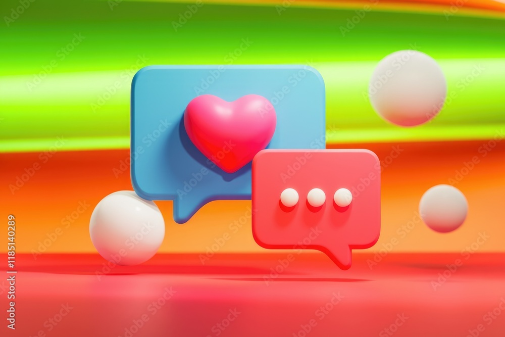 Poster 3d render of colorful speech bubbles with a heart, symbolizing online love and communication.