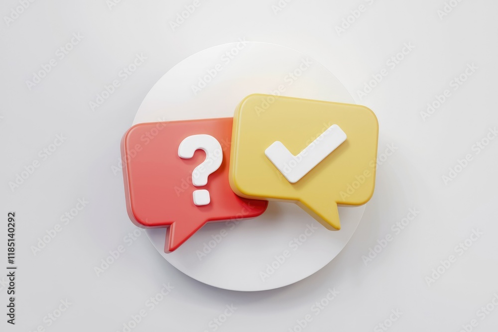 Poster 3D render of speech bubbles; one with a question mark, other with a checkmark, representing Q&A or decision-making.