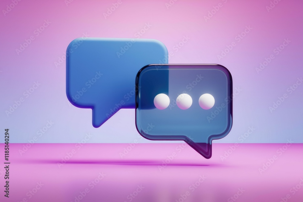Poster Two 3D rendered chat bubbles, one empty, the other with three dots, symbolize online communication and messaging.