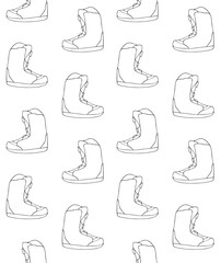 Vector seamless pattern of hand drawn sketch doodle outline snowboard boot isolated on white background