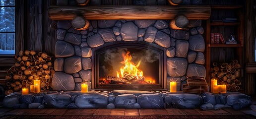 Cozy stone fireplace with burning fire, candles, and wood logs in a rustic cabin.