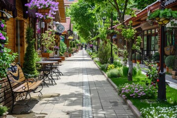 Obraz premium A scenic green pathway adorned with vibrant flowers, creating a picturesque and serene atmosphere.