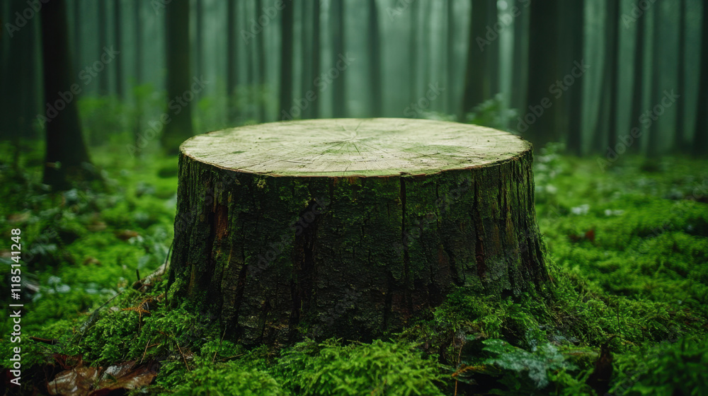 Poster truncated, a detailed image of a truncated tree stump in a lush forest setting, emphasizing natural 