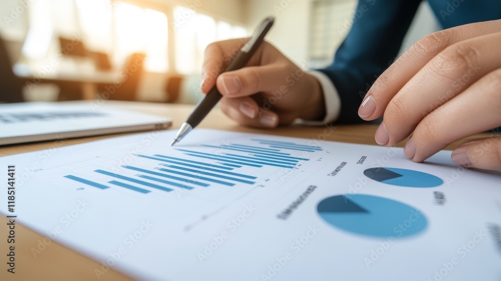 Poster detailed analysis of business growth trends using graphs and charts in a modern office environment w