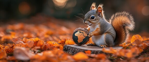 Obraz premium Engraved acorn held by squirrel on wooden platform embodying preparation and global business strategy