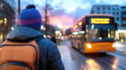 Waiting for the AI bus at twilight in an urban setting