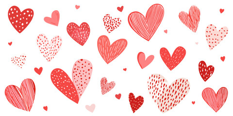 Pink and red colored cute heart set. Hand drawn vector illustration.