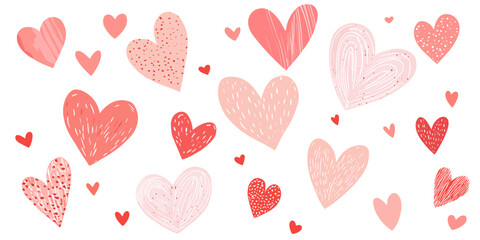 Pink and red colored cute heart set. Hand drawn vector illustration.