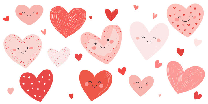 Smiling face hearts. Pink and red colored cute heart set. Hand drawn vector illustration.