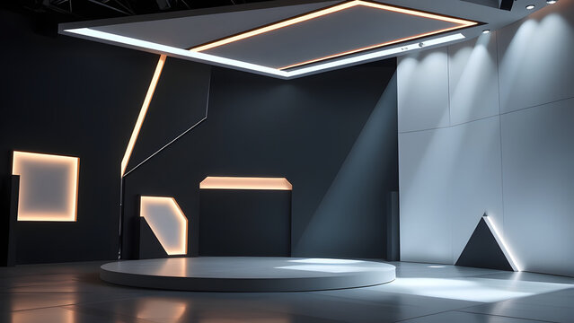Futuristic TV Studio Set Design – Circular Stage with Dramatic Lighting (For Broadcast & Events)