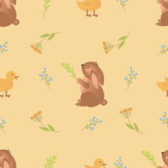 Cute bunnies and ducks with Easter eggs, plants and rainbow on pastel background, seamless pattern