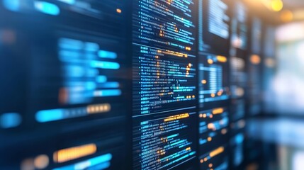 Dynamic Digital Interface Displaying Lines of Code and Data Streams with Blue and Orange Glow in a Modern Technology Environment