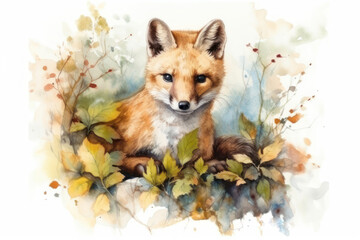 Obraz premium cute red fox sitting among autumn foliage. 
