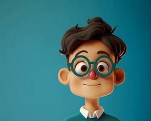 Fototapeta premium Whimsical 3D Illustration of a Cartoon Boy with Glasses on Blue Background