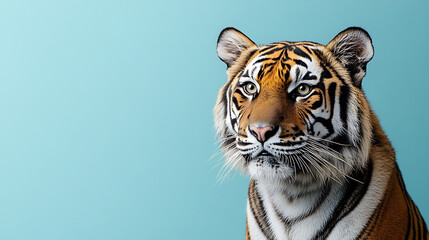 Fototapeta premium majestic tiger isolated on a soft pastel blue background with copy space, perfect for adding text or designs in a creative advertisement 