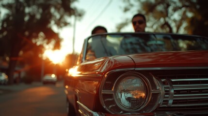 Obraz premium Brothers cruising in a low rider at sunset in Houston's vibrant neighborhood