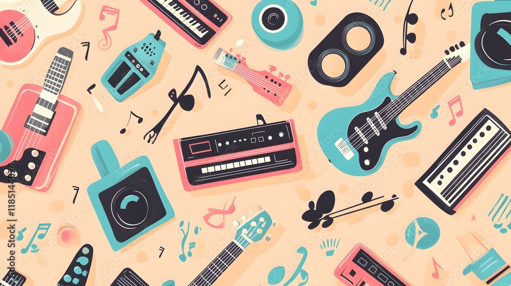 Poster colorful musical instruments and notes background design