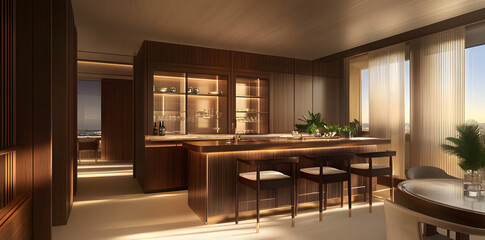 a modern kitchen interior with wooden paneling and an island bar counter