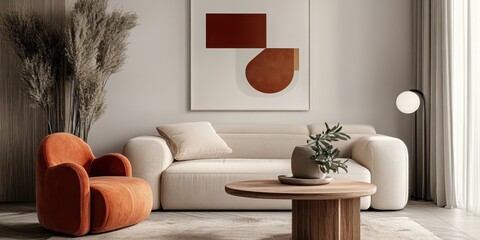 Modern living room, minimalist interior design, beige sofa, orange accent chair, round wooden coffee table, abstract wall art, musical note sculpture, potted plant, pendant light, textured wall panels