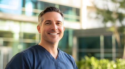 Fototapeta premium A handsome male nurse smiling in front of a hospital