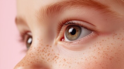 Close-up of a child’s freckled face with green eyes in soft daylight on a pastel pink background. innocence