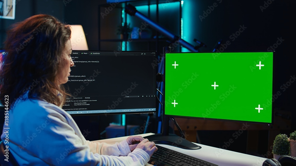 Poster cybersecurity expert uses green screen computer to look for security vulnerabilities and injected ma