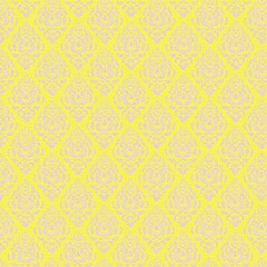 Yellow damask floral seamless pattern with subtle baroque details and soft pastel contrast. Ideal for wallpaper, fabric prints, wrapping paper, and decorative backgrounds.