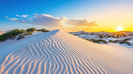 Fototapeta premium Wilderness and desert pristine, A serene desert landscape at sunset, featuring undulating sand dunes, vibrant sky colors, and gentle vegetation, creating a tranquil atmosphere.
