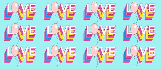 Love word, word patterns, isolated, 3D icon, balloons. Colorful pop art illustration. Valentine's Day, birthday