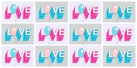 Love word, word patterns, isolated, 3D icon, balloons. Colorful pop art illustration. Valentine's Day, birthday