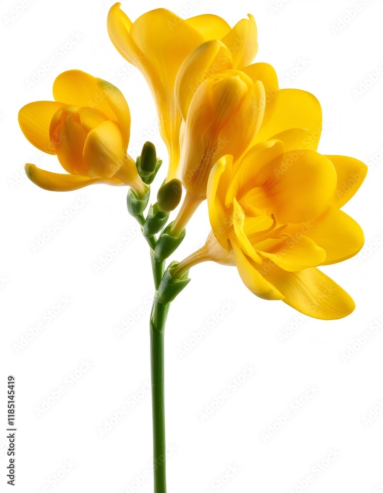 Poster Vibrant yellow freesia stem with multiple blossoms, creating a cheerful and elegant floral display against a clean white backdrop