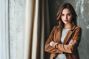 Fototapeta premium Elegant Woman in Soft Brown Jacket Posing Thoughtfully Near Window in Cozy Indoor Space with Stylish Curtains and Textured Wall Background