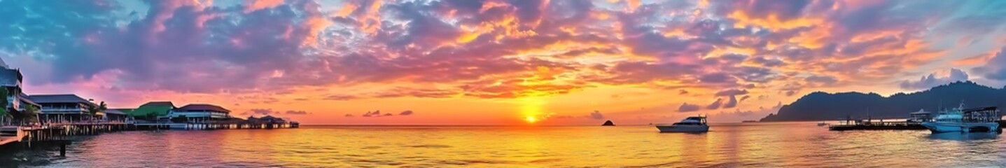 Fototapeta premium Breathtaking colorful seaside sunrise with vibrant sky and calm ocean waters, showcasing stunning natural beauty and perfect composition.