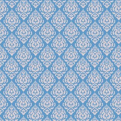 Blue damask seamless pattern with elegant baroque floral ornaments and dotted texture. Perfect for wallpaper, fabrics, decorative backgrounds, and classic design projects.