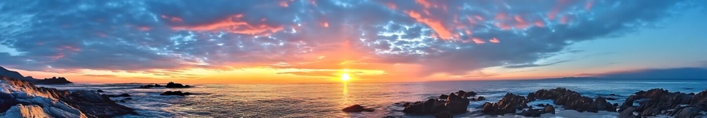 Fototapeta premium Breathtaking colorful seaside sunrise with vibrant sky and calm ocean waters, showcasing stunning natural beauty and perfect composition.