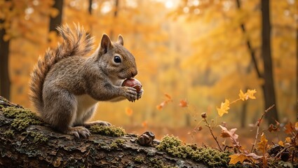 Obraz premium Curious squirrel holding shiny acorn on mossy branch in autumn forest