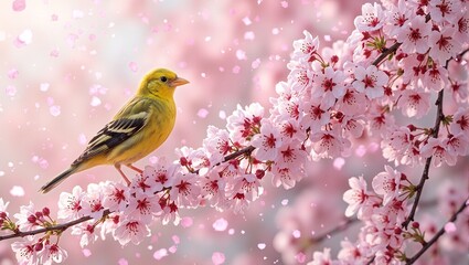 Beautiful yellow canary on cherry blossom branch in soft morning light with falling petals