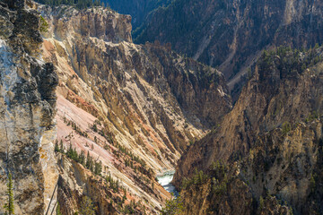 Close-up view of the Grand Canyon of the Yellowstone and the river seen from the Grand View overlook on the north rim