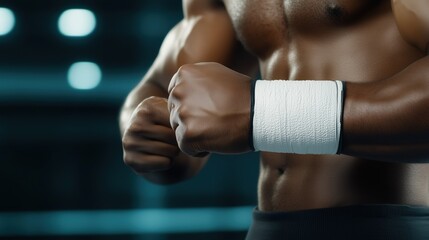 Fototapeta premium Boxer's clenched fists with bandages in gym lighting. Power and resilience concept.