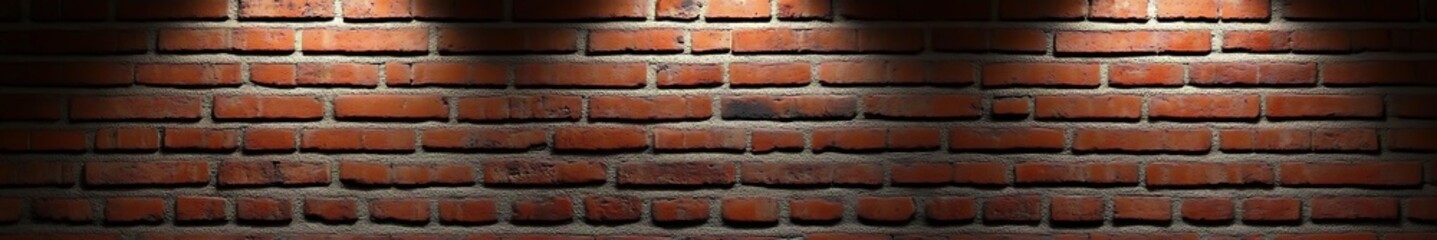 Obraz premium Striking red brick wall illuminated by dramatic lighting effects, showcasing intricate textures and vivid colors in a high-definition panoramic composition.