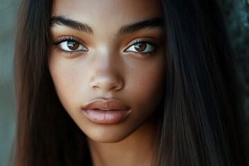 Fototapeta premium Long hairdo - straight hair. Commercial ad campaign conceptual art. Stunning calm mixed-race girl - for ads, banner and web marketing use. Black woman hairstyles. African american style.